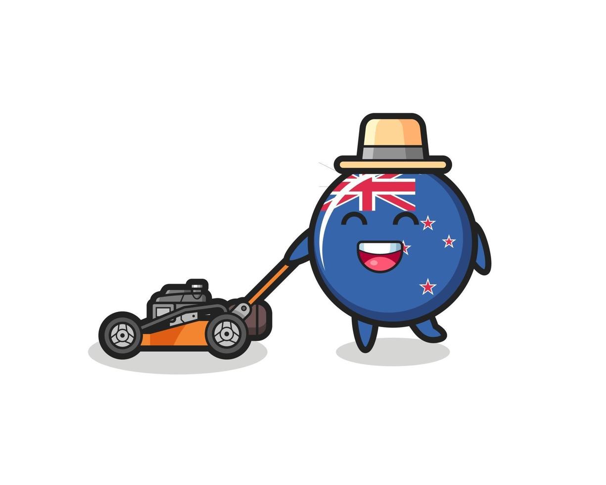Ilustración del carácter de la insignia de la bandera de Nueva Zelanda con una cortadora de césped vector