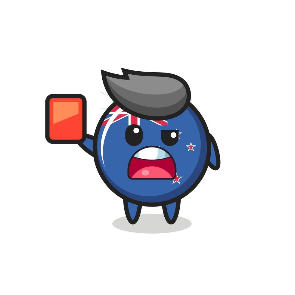 insignia de la bandera de nueva zelanda linda mascota como árbitro dando una tarjeta roja vector