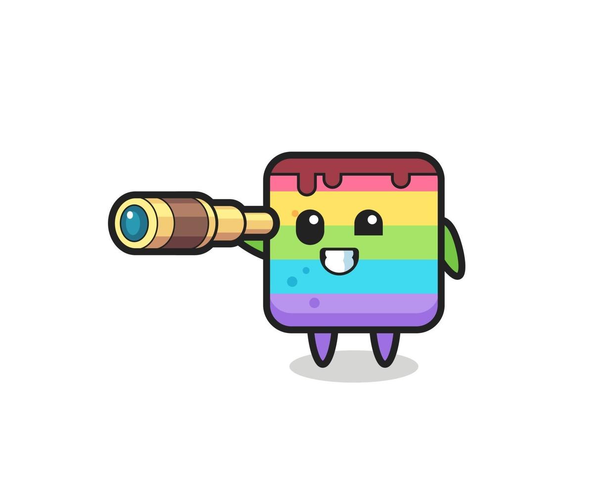 cute rainbow cake character is holding an old telescope vector