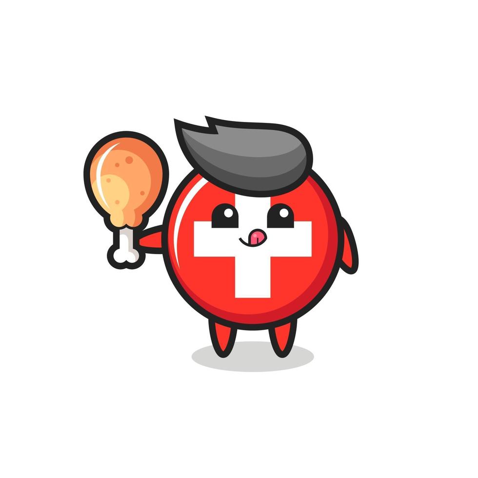 switzerland flag badge cute mascot is eating a fried chicken vector