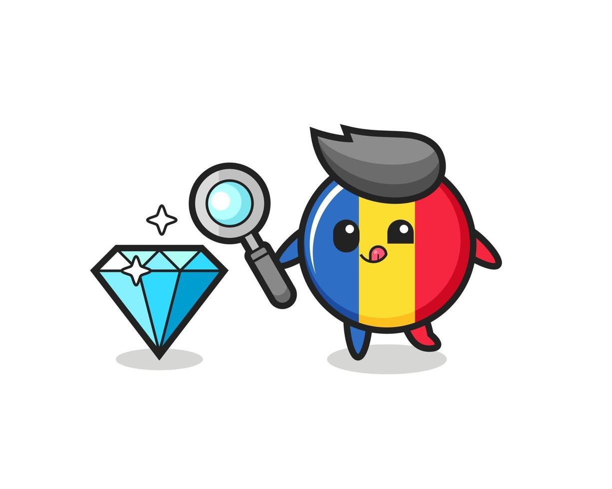 romania flag badge mascot is checking the authenticity of a diamond vector