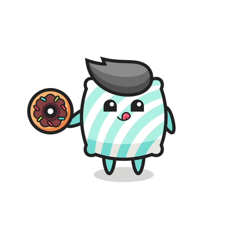 illustration of an pillow character eating a doughnut vector