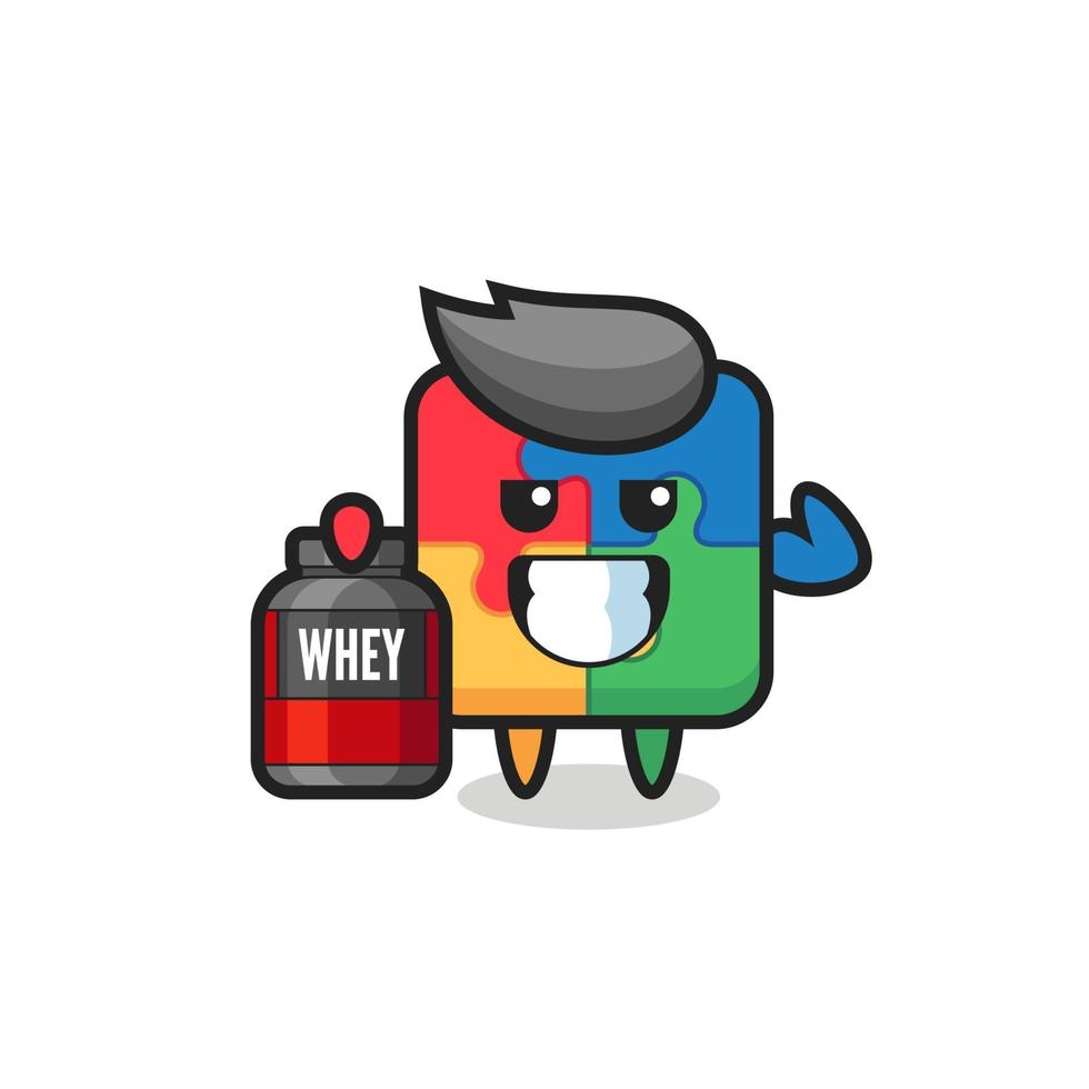 the muscular puzzle character is holding a protein supplement vector