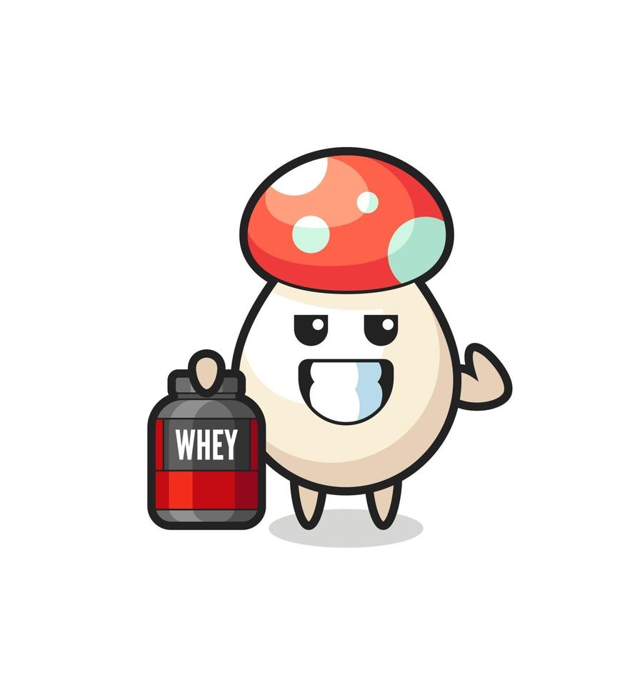 the muscular mushroom character is holding a protein supplement vector