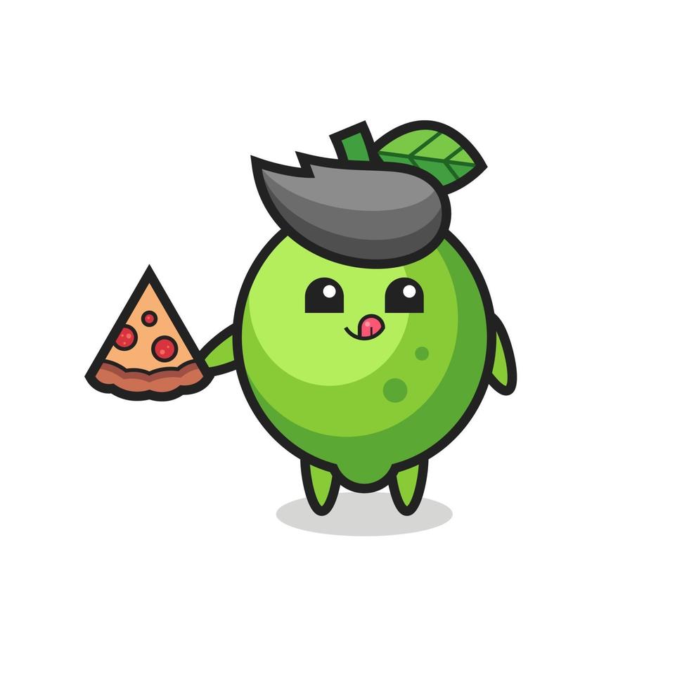 cute lime cartoon eating pizza vector
