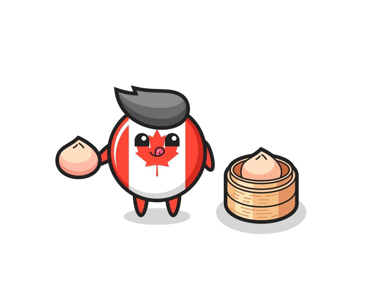 cute canada flag badge character eating steamed buns vector