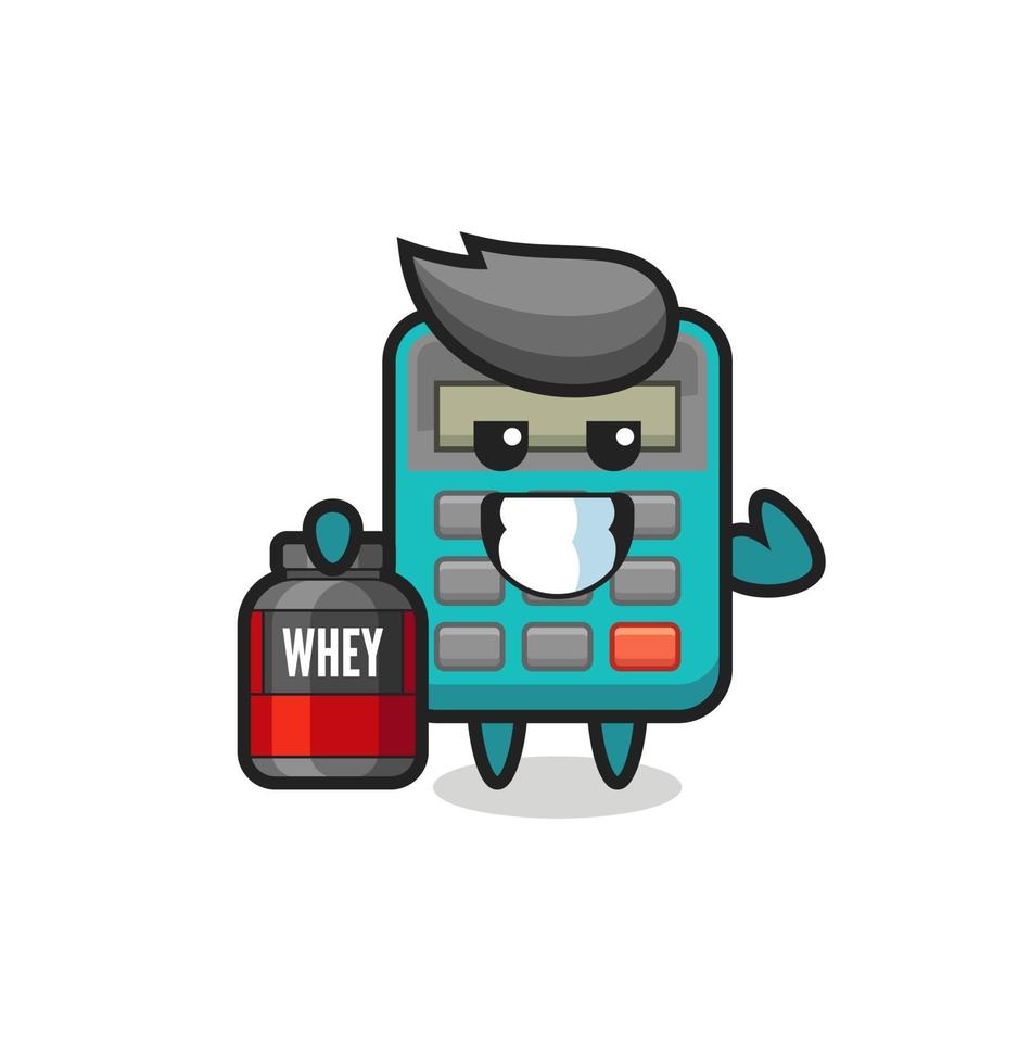 the muscular calculator character is holding a protein supplement vector