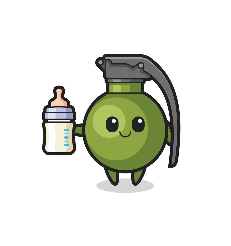 baby grenade cartoon character with milk bottle vector