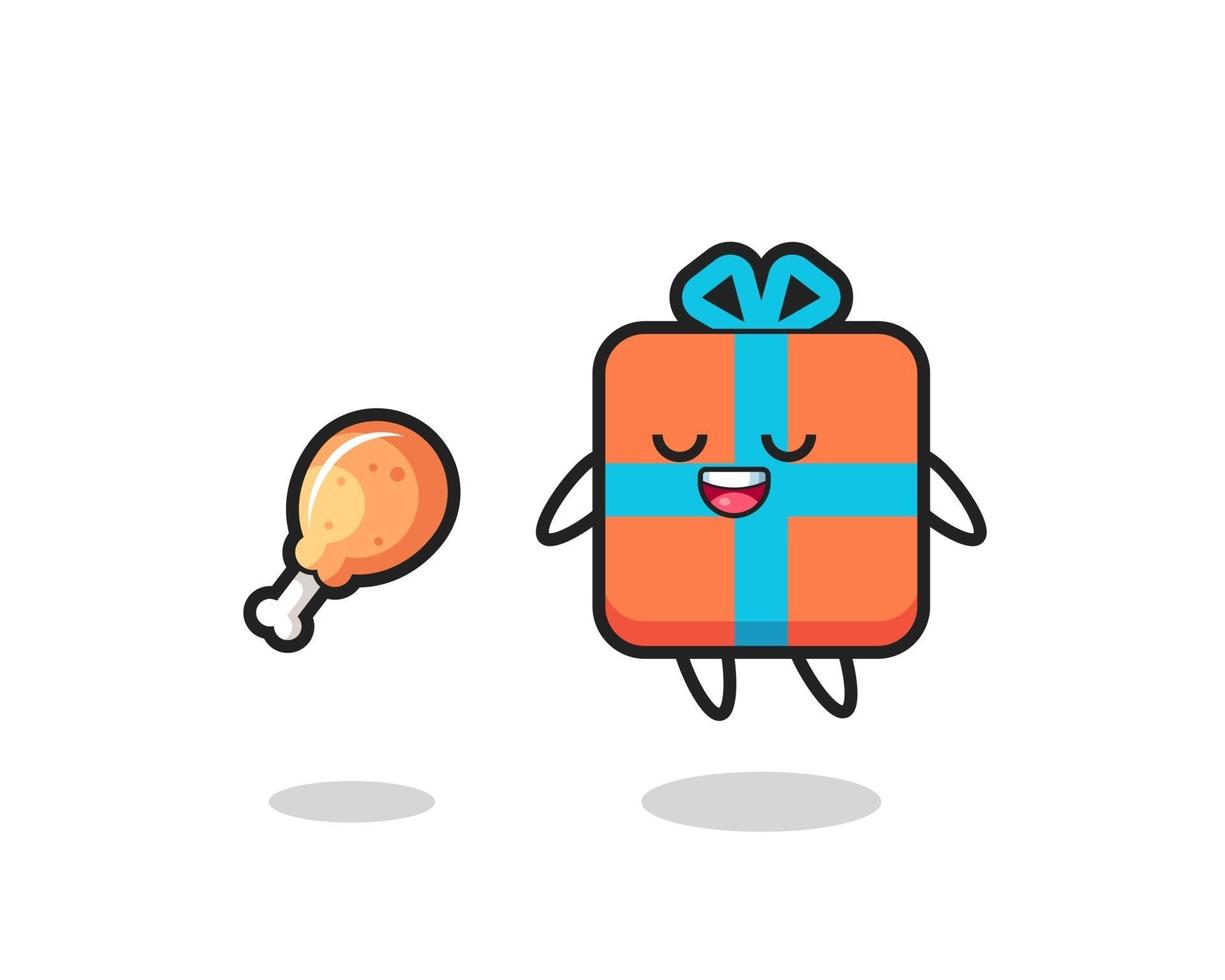 cute gift box floating and tempted because of fried chicken vector