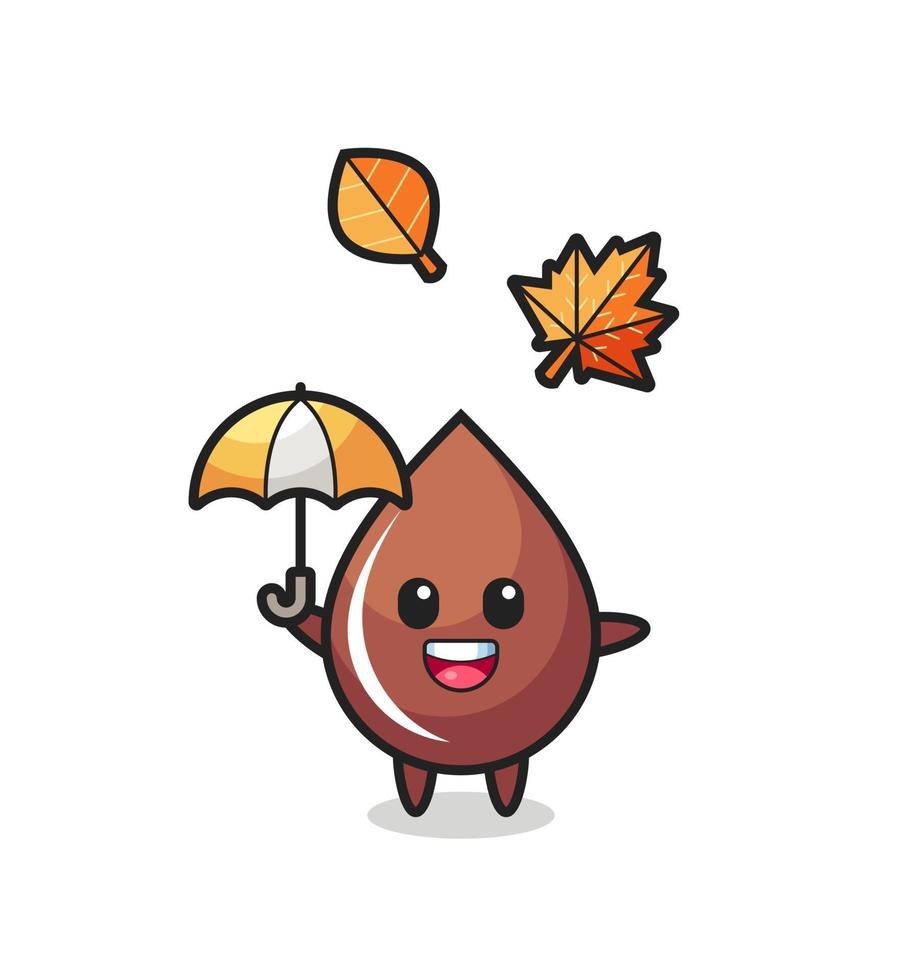 cartoon of the cute chocolate drop holding an umbrella in autumn vector