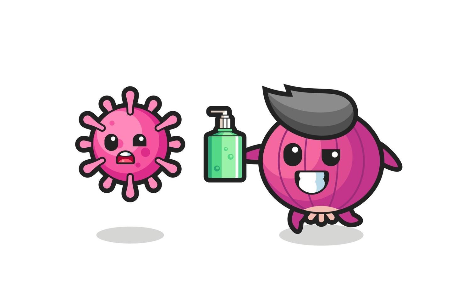 Ilustración del personaje de cebolla persiguiendo virus maligno con desinfectante de manos vector