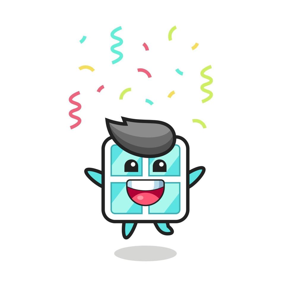 Feliz mascota de la ventana saltando de felicitación con confeti de colores vector