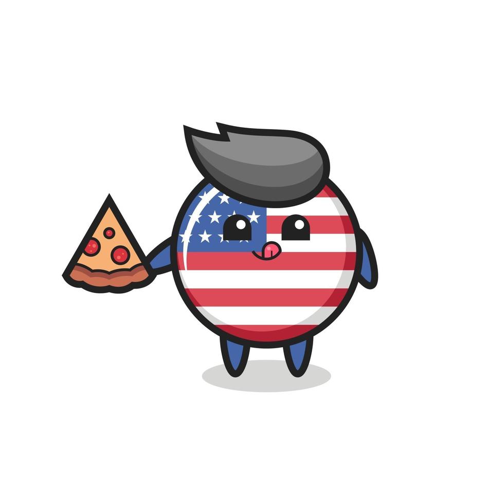 cute united states flag badge cartoon eating pizza vector