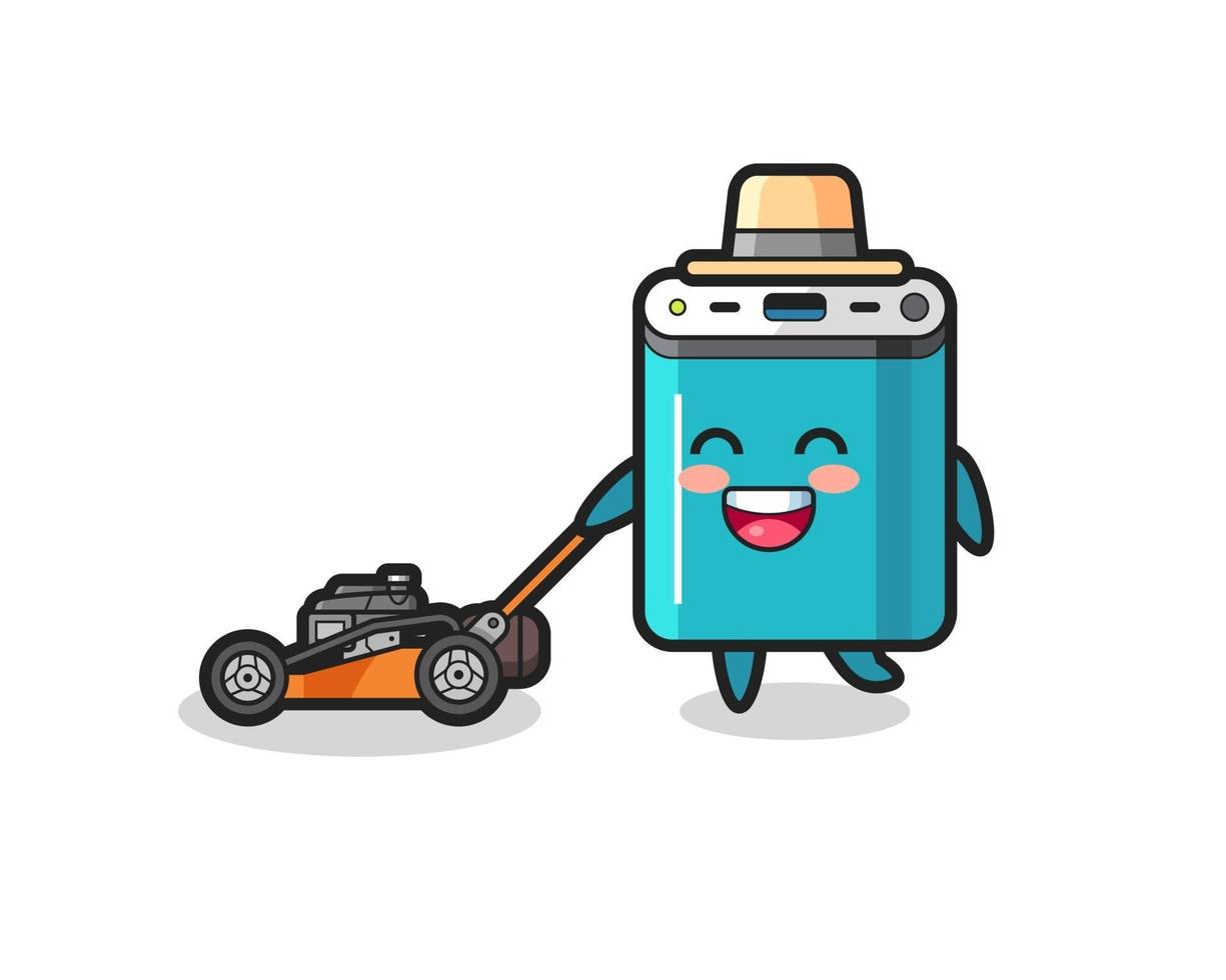 illustration of the power bank character using lawn mower vector