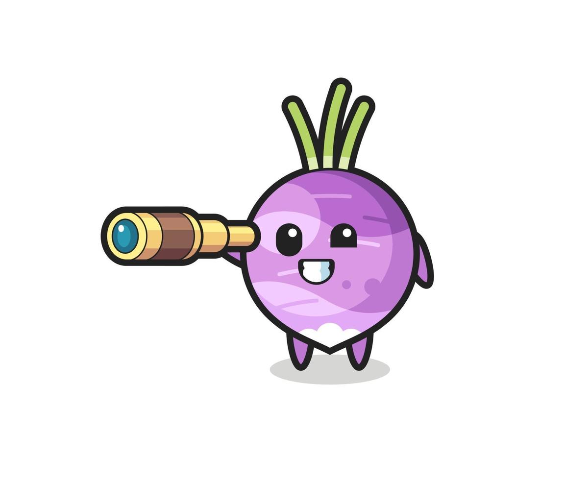 cute turnip character is holding an old telescope vector