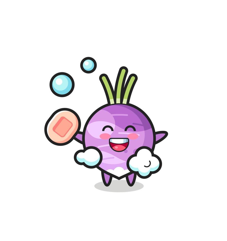 turnip character is bathing while holding soap vector