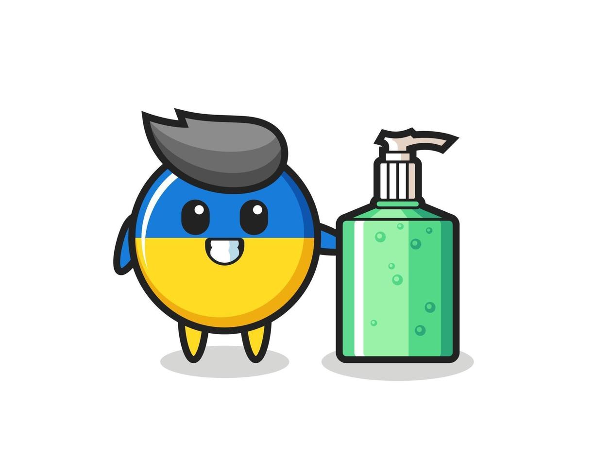 cute ukraine flag badge cartoon with hand sanitizer vector