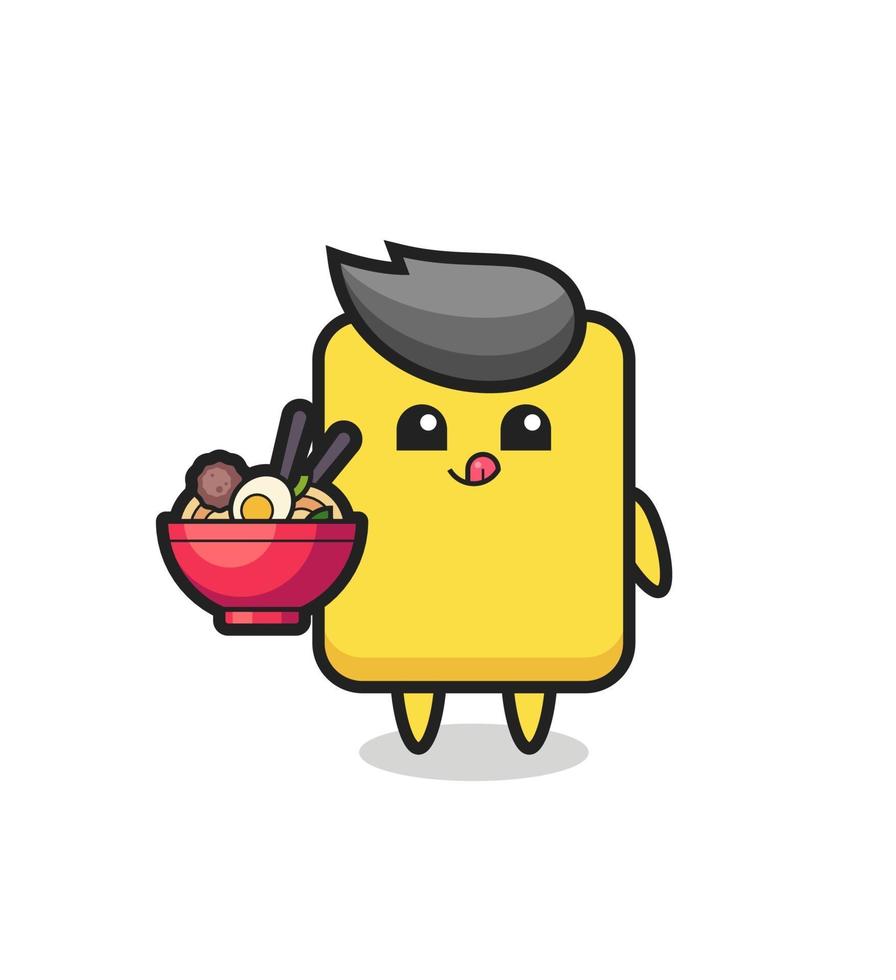 lindo personaje de tarjeta amarilla comiendo fideos vector