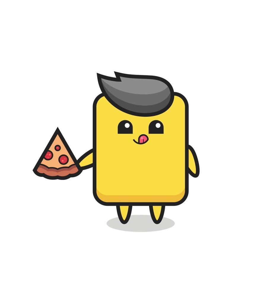 linda tarjeta amarilla de dibujos animados comiendo pizza vector