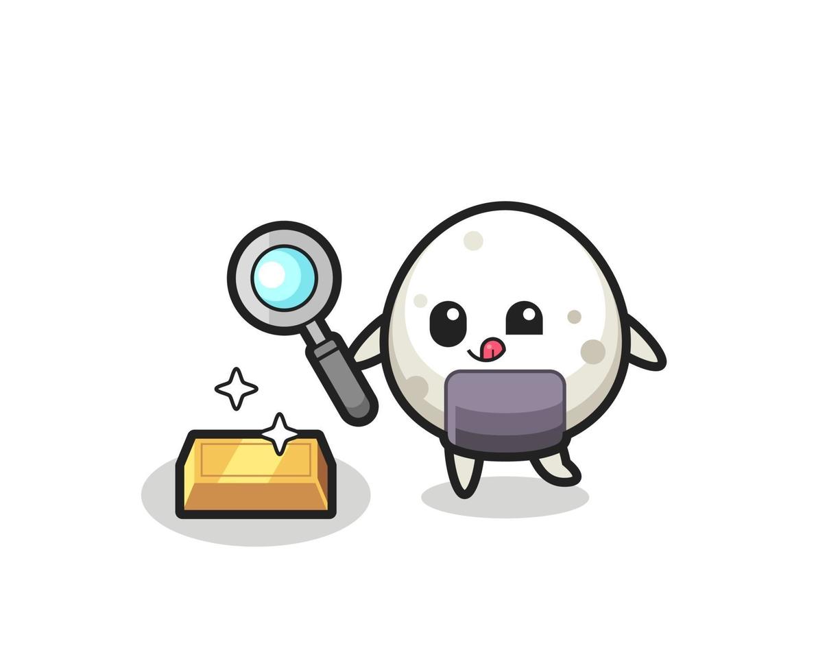 El personaje onigiri está comprobando la autenticidad del lingote de oro. vector