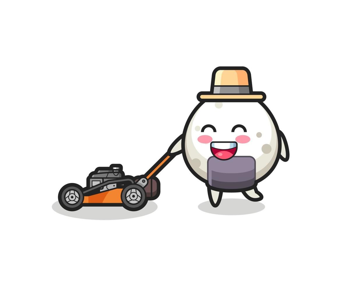 illustration of the onigiri character using lawn mower vector