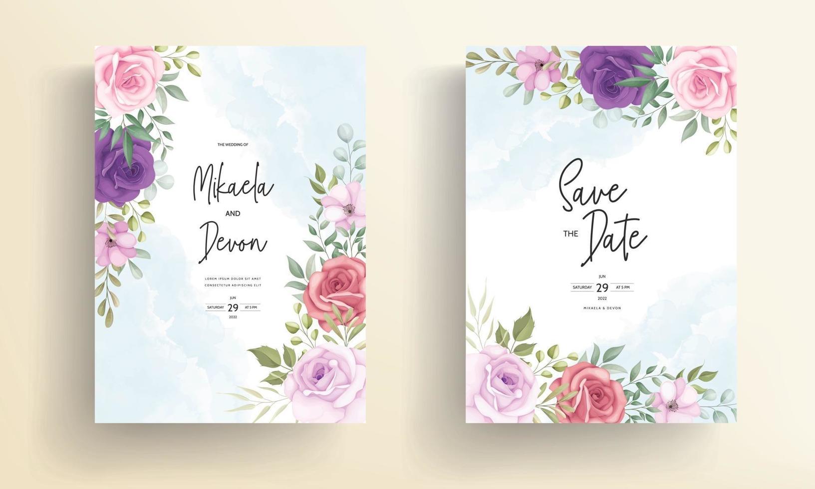 tarjeta de invitación de boda con hermosas decoraciones florales vector