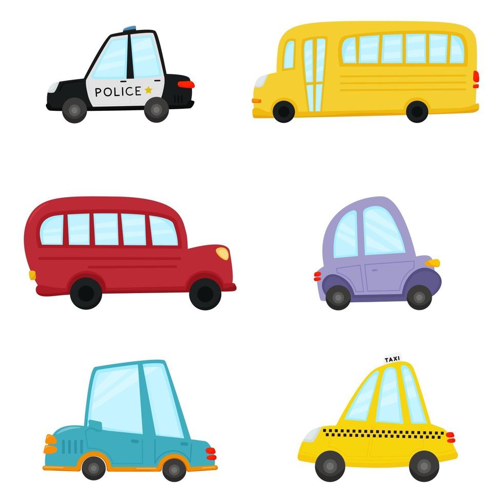 Set of cartoon transport. Police, yellow bus, red bus, taxi vector