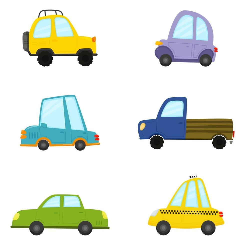 conjunto de transporte de dibujos animados. policía, carro amarillo, taxi,  carro azul, camión. 3405717 Vector en Vecteezy