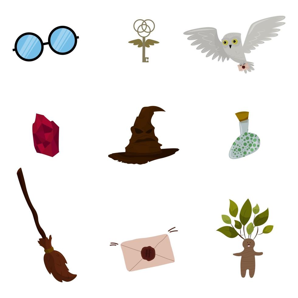 Set of magic items in a cartoon style. Broom, Stone, Witch hat vector