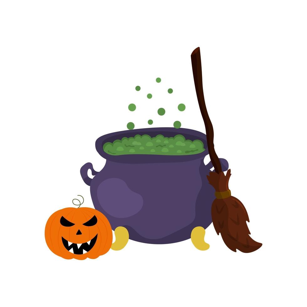 Witch's cauldron with bubbles, a broom and an ominous pumpkin vector