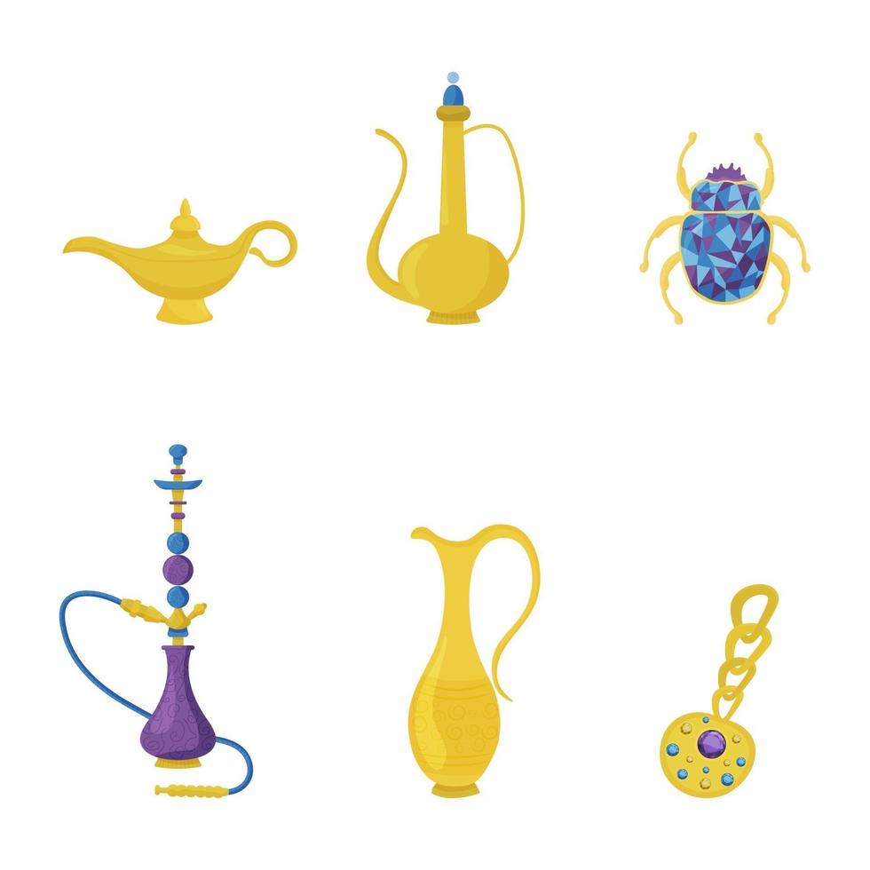 Set with a cute oriental beauty. Golden treasures lamp, vessel, hookah vector