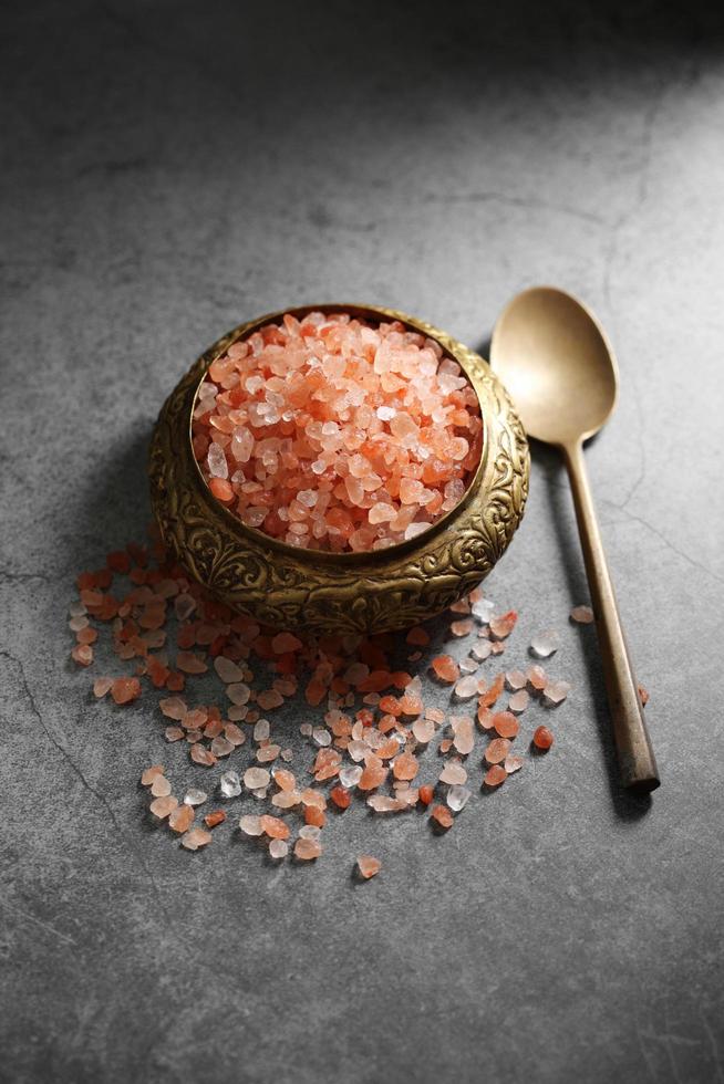 Himalayan pink salt in golden box at loft kitchen photo