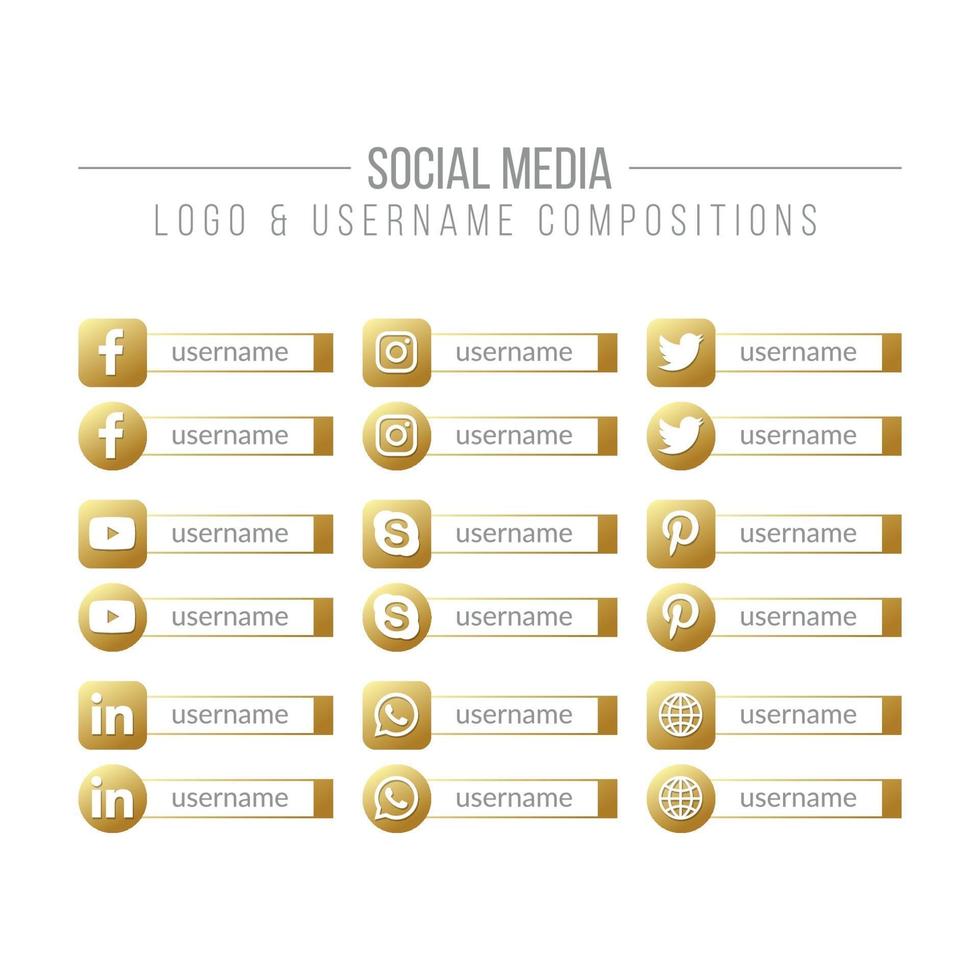 redes sociales y redes, logotipo dorado y composiciones de cuadro de nombre de usuario. vector