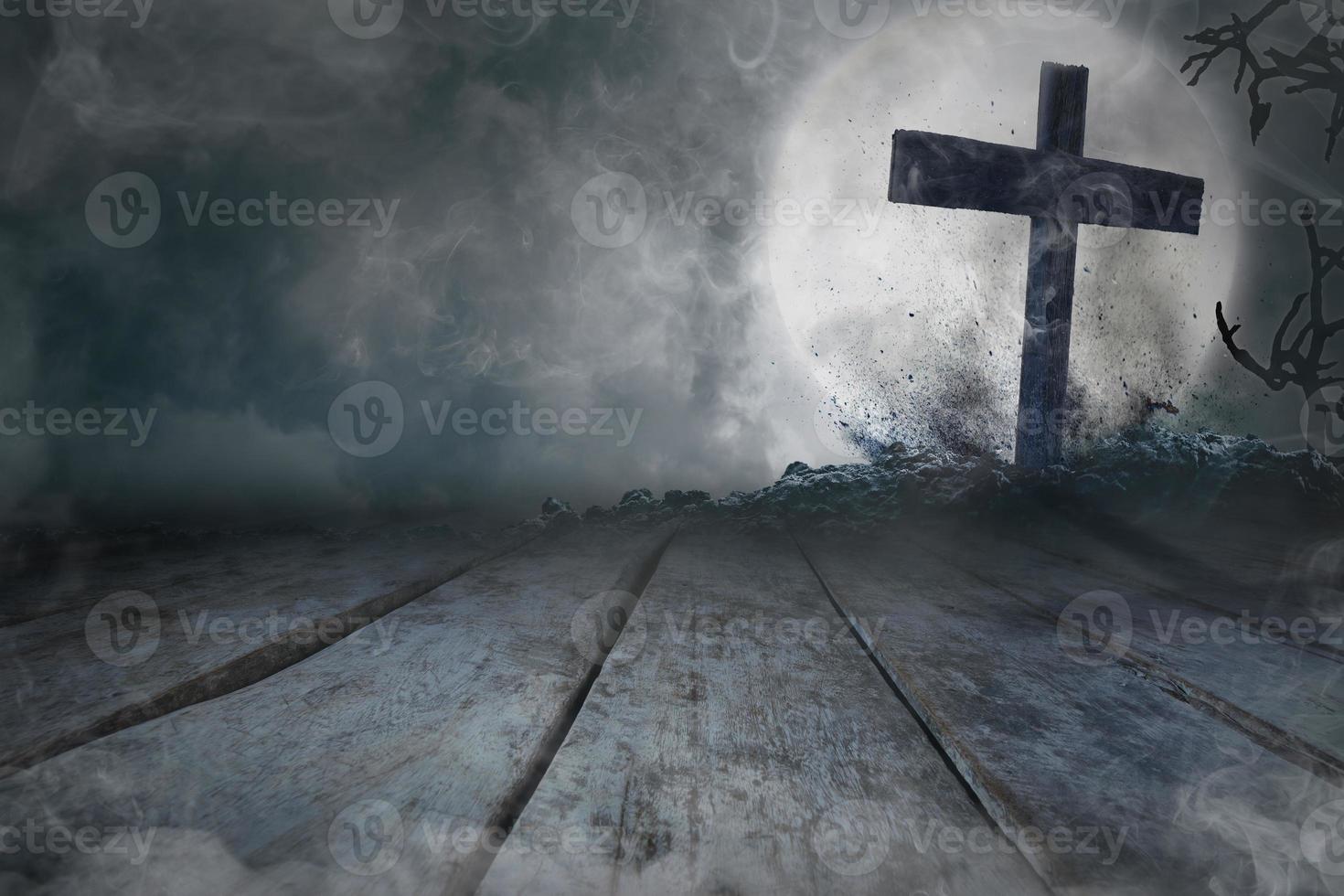 Graves and cros with the moon on wood photo