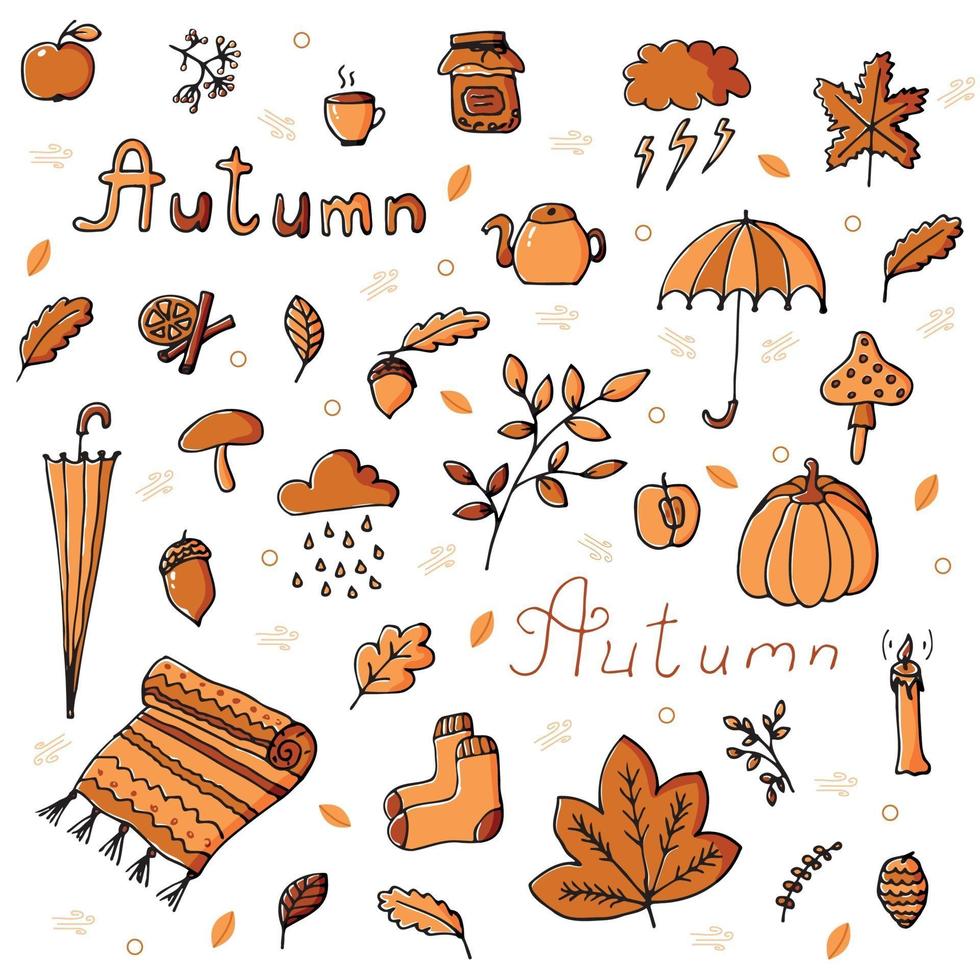 otoño en tonos naranjas y marrones con varios artículos de otoño vector