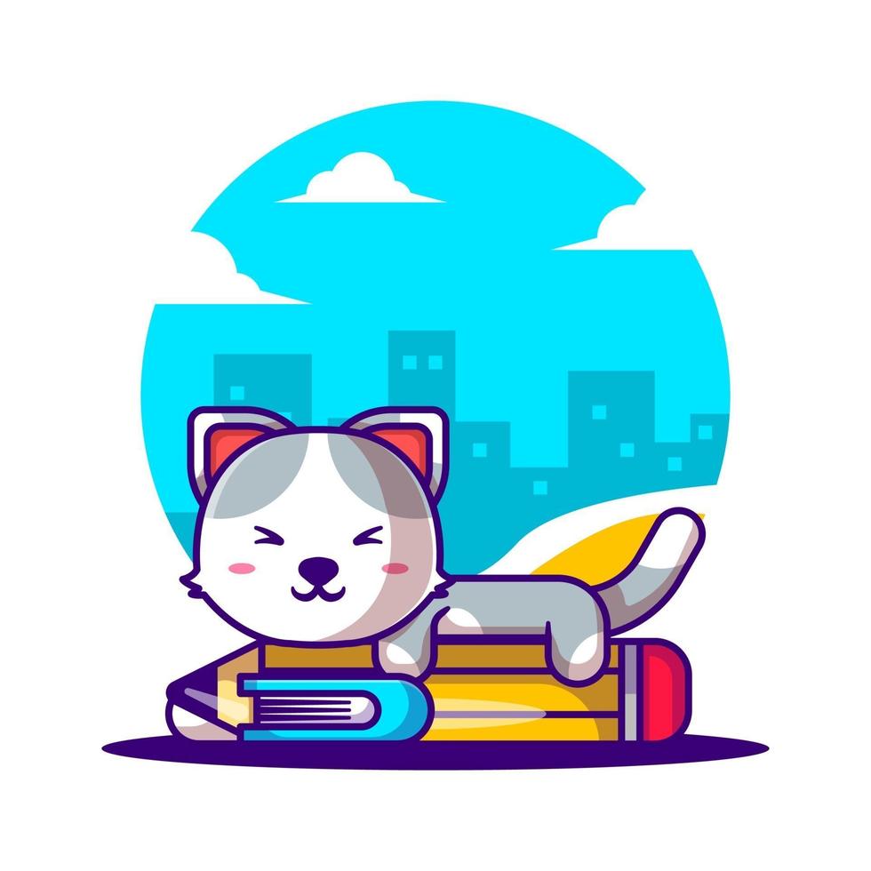 Cute Cartoon Vector Illustrations Cat with Pencil and Book.