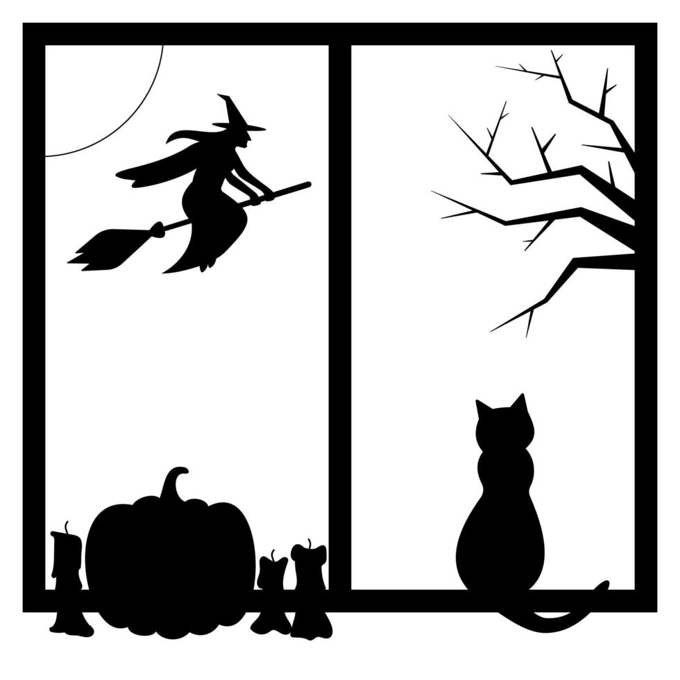 halloween, siluetas de bruja, gato, calabaza en la ventana vector