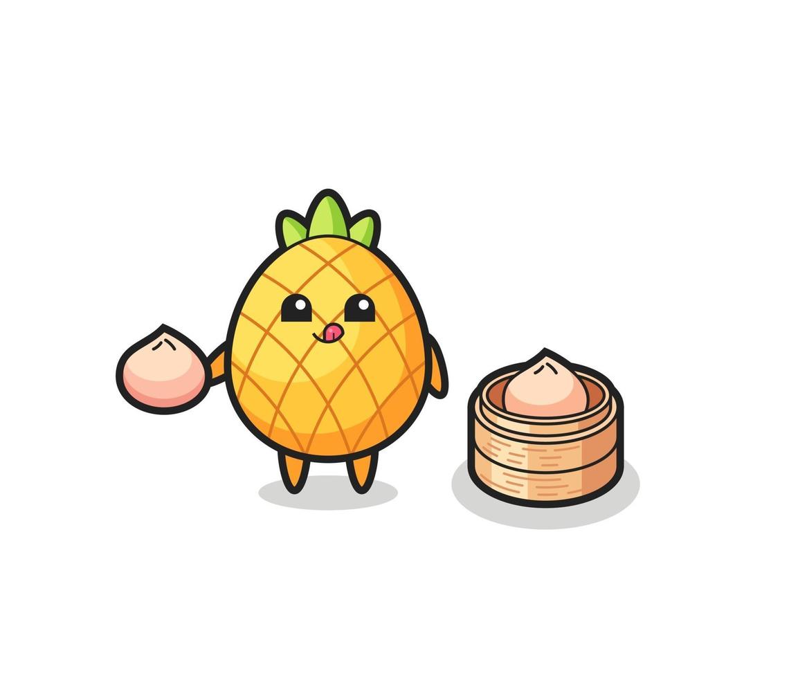 cute pineapple character eating steamed buns vector