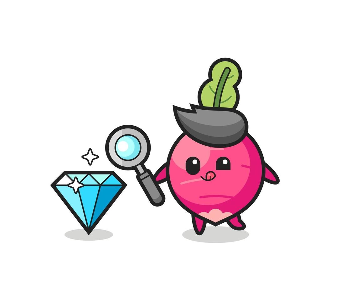 radish mascot is checking the authenticity of a diamond vector