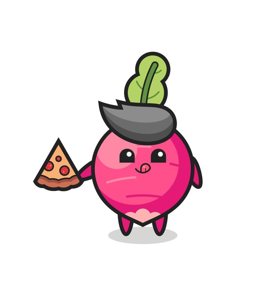 cute radish cartoon eating pizza vector