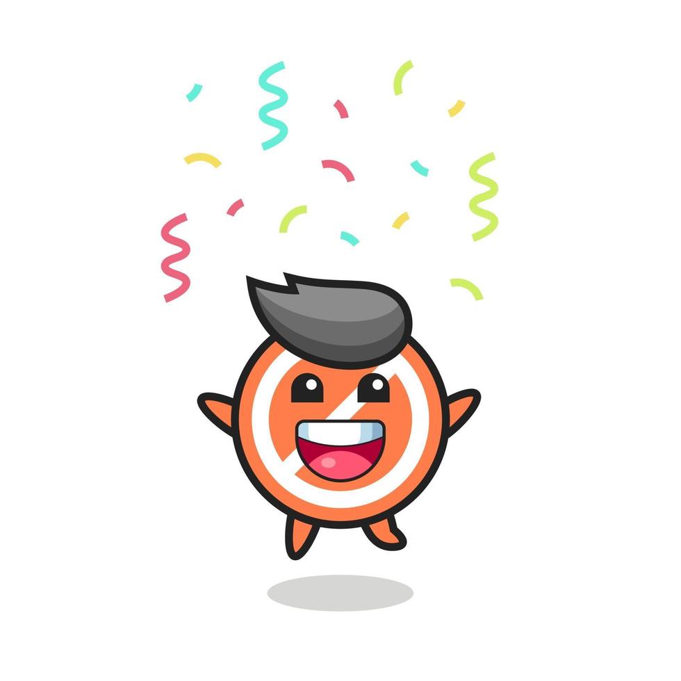 Feliz mascota de señal de stop saltando de felicitación con confeti de colores vector