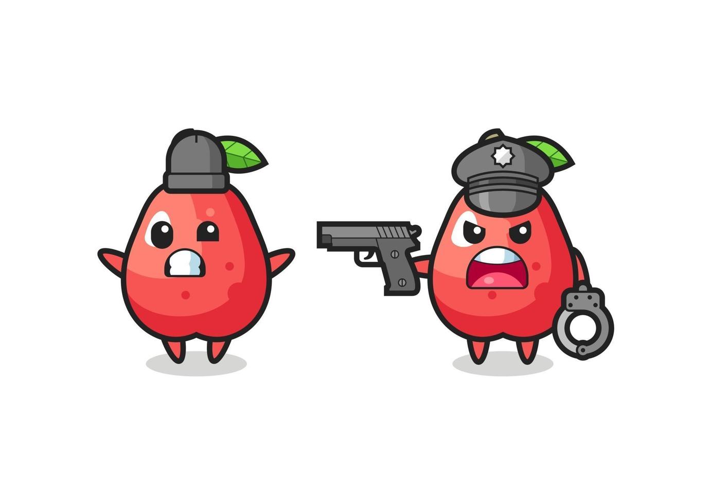 Ilustración de ladrón de manzana de agua con pose de manos arriba capturado por la policía vector