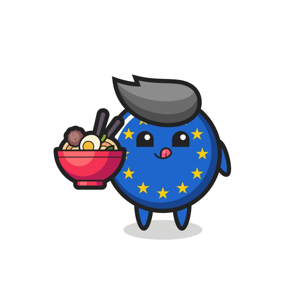 cute europe flag badge character eating noodles vector