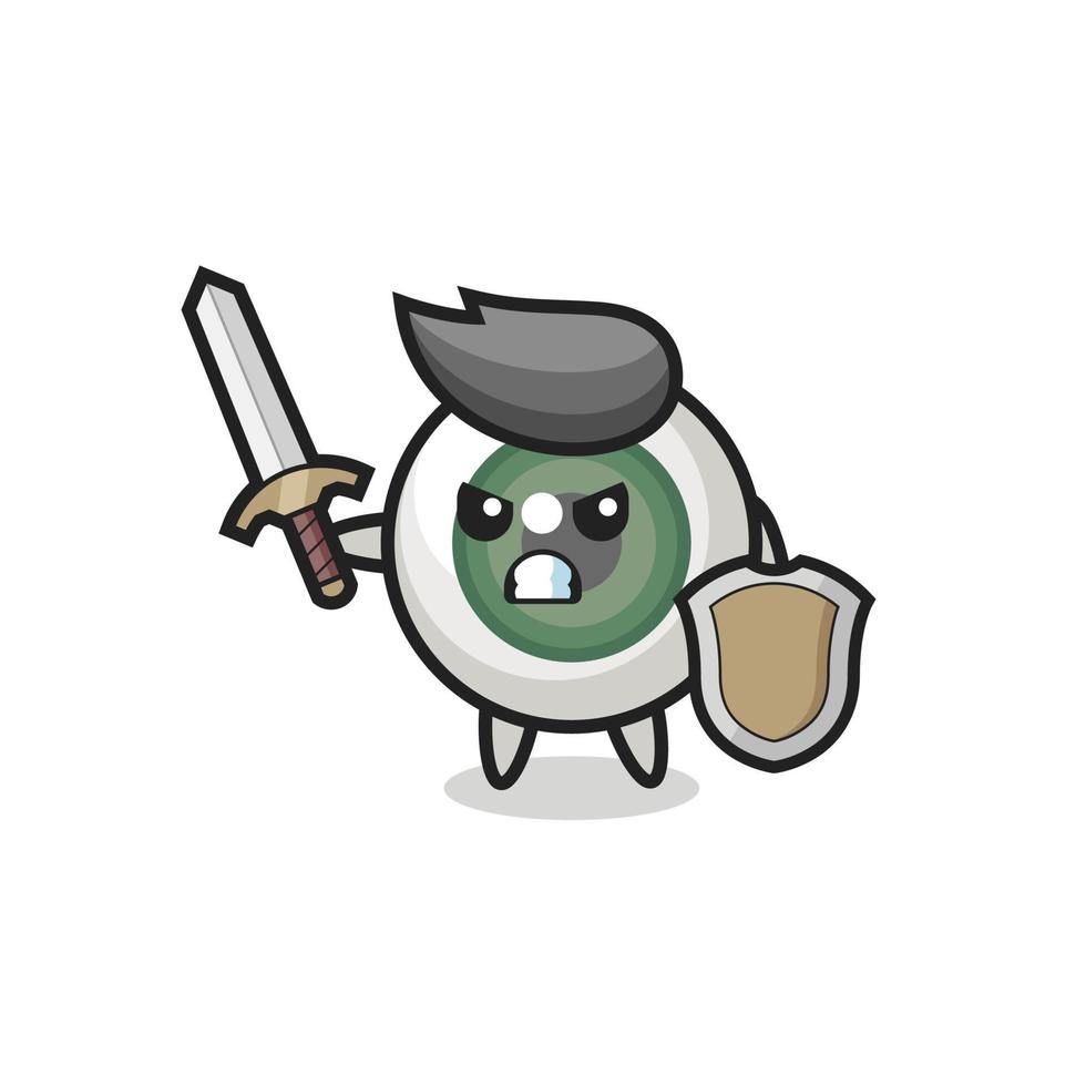 cute eyeball soldier fighting with sword and shield vector