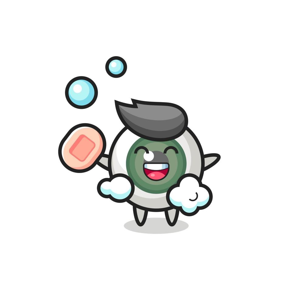 eyeball character is bathing while holding soap vector