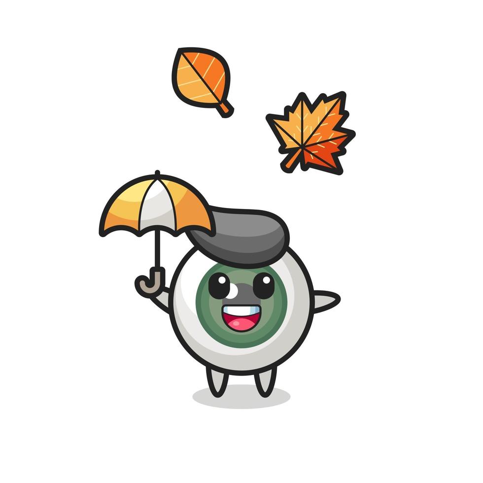 cartoon of the cute eyeball holding an umbrella in autumn vector