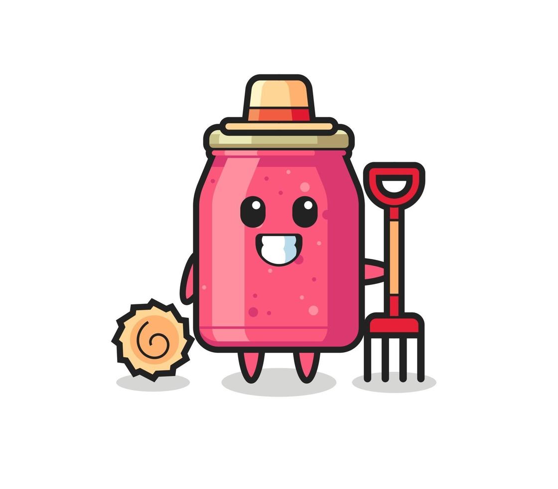 personaje mascota de mermelada de fresa como agricultor vector