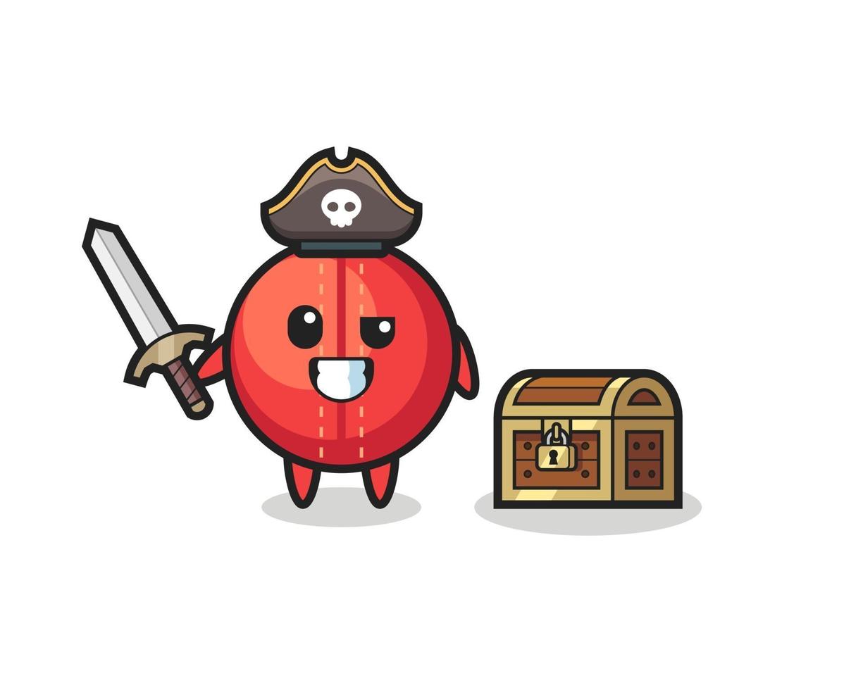 the cricket ball pirate character holding sword beside a treasure box vector