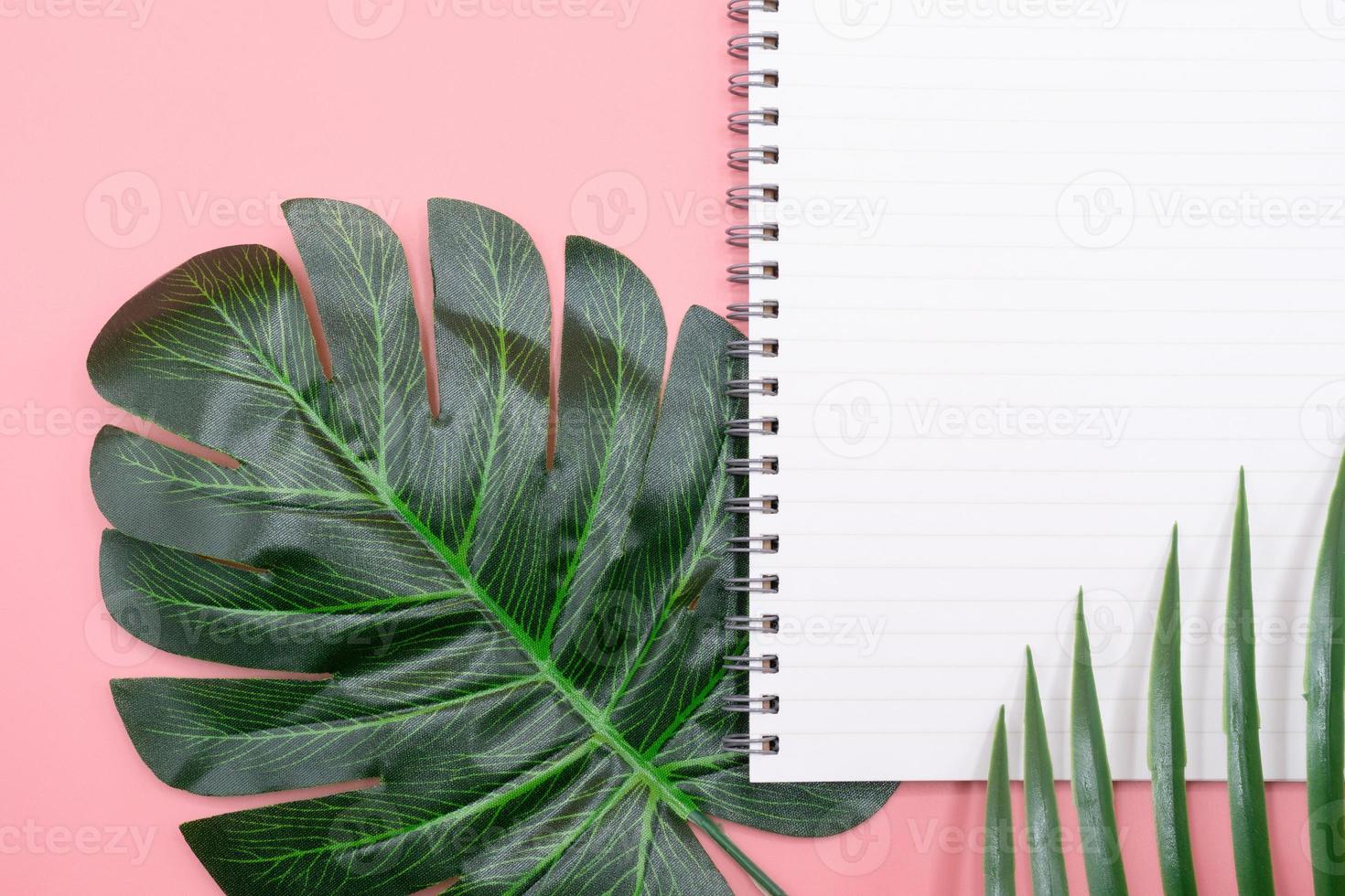 White diary book with green leaves on pink background photo