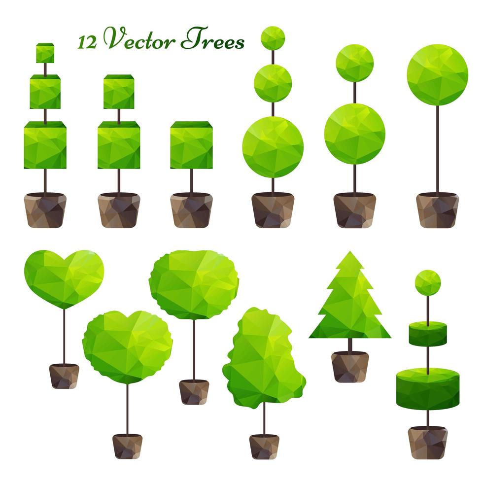 Vector set of 12 green polygonal trees